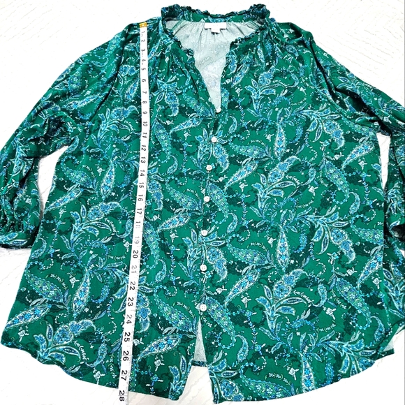J. Jill Womens Ruffled Satin Top Paisley Tunic Top Button Up Cottagecore Green L - Picture 13 of 13